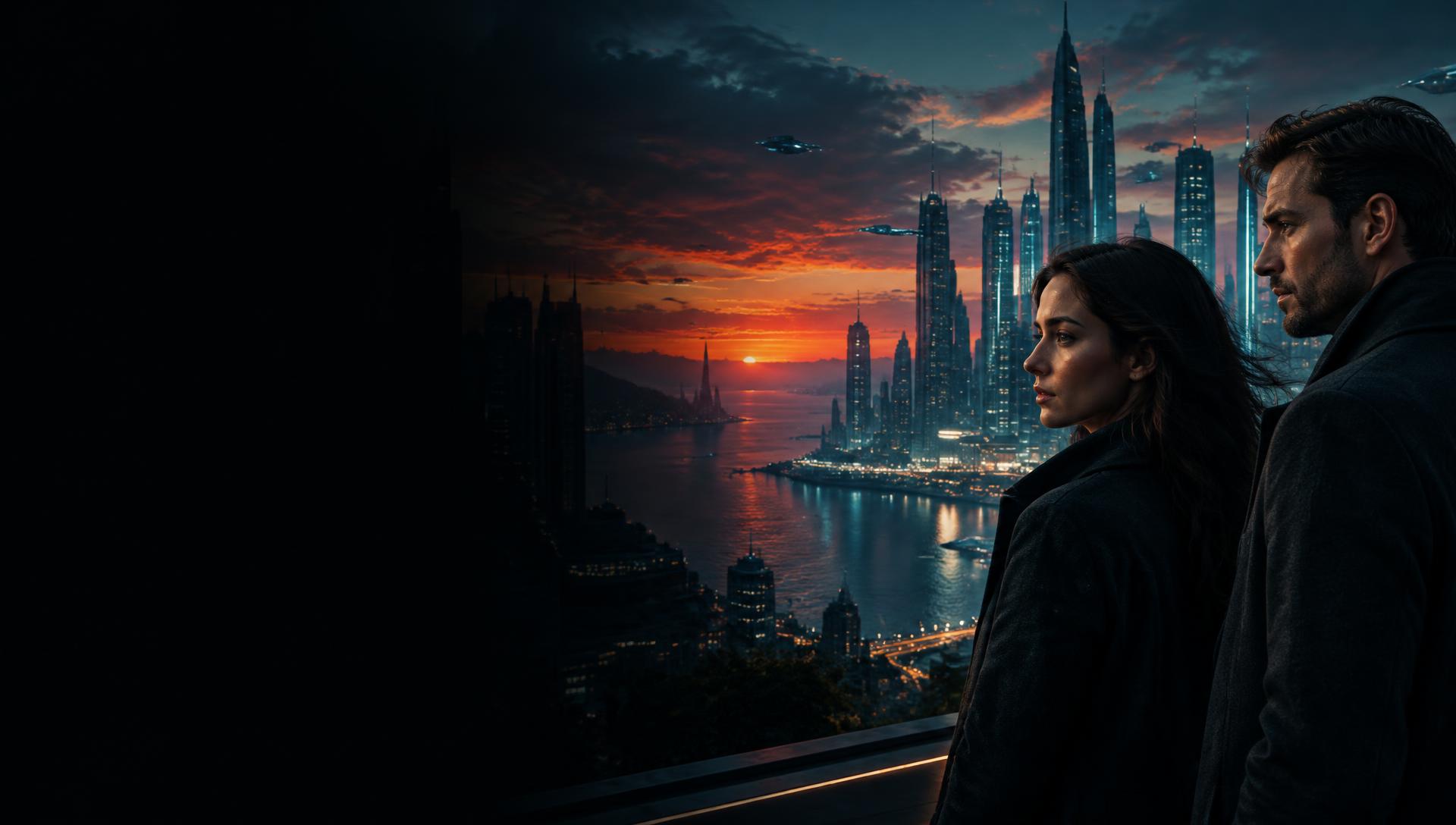 Dos protagonistas adultos contemplan una ciudad futurista al atardecer